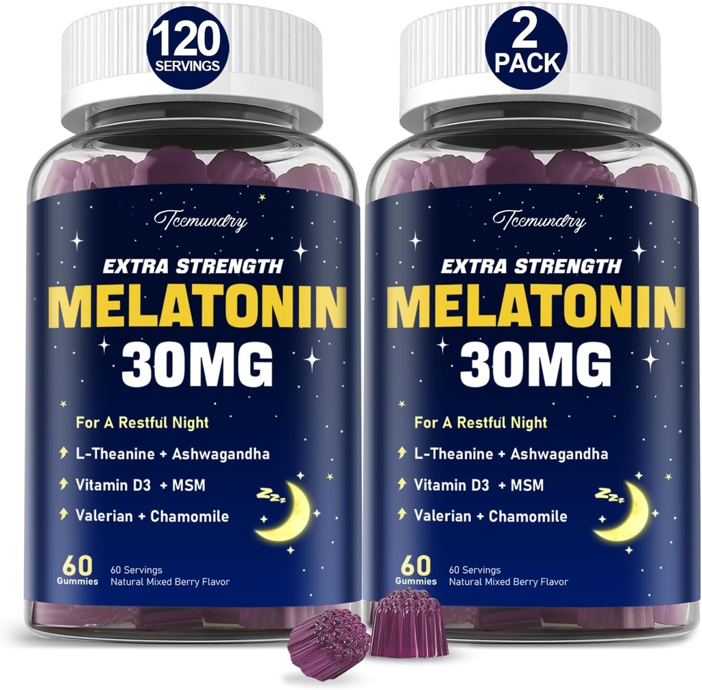 Mélatonine Gummies 30mg pour les adultes: supplément de mélatonine de force maximale avec L-Theanine, Ashwagandha, MSM, vitamine D3 et zinc - non-Habit formant, pour le repos cycle, zzz profonds, naturel mélange saveur de baies