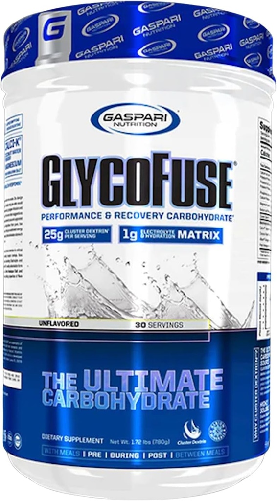 Gaspari Nutrition Glycofuse : performance et récupération d'hydrate de glucides, 25g de dextrine en grappe et 1g de matrice d'électrolyte et d'hydratation (30 portions, non aromatisées)
