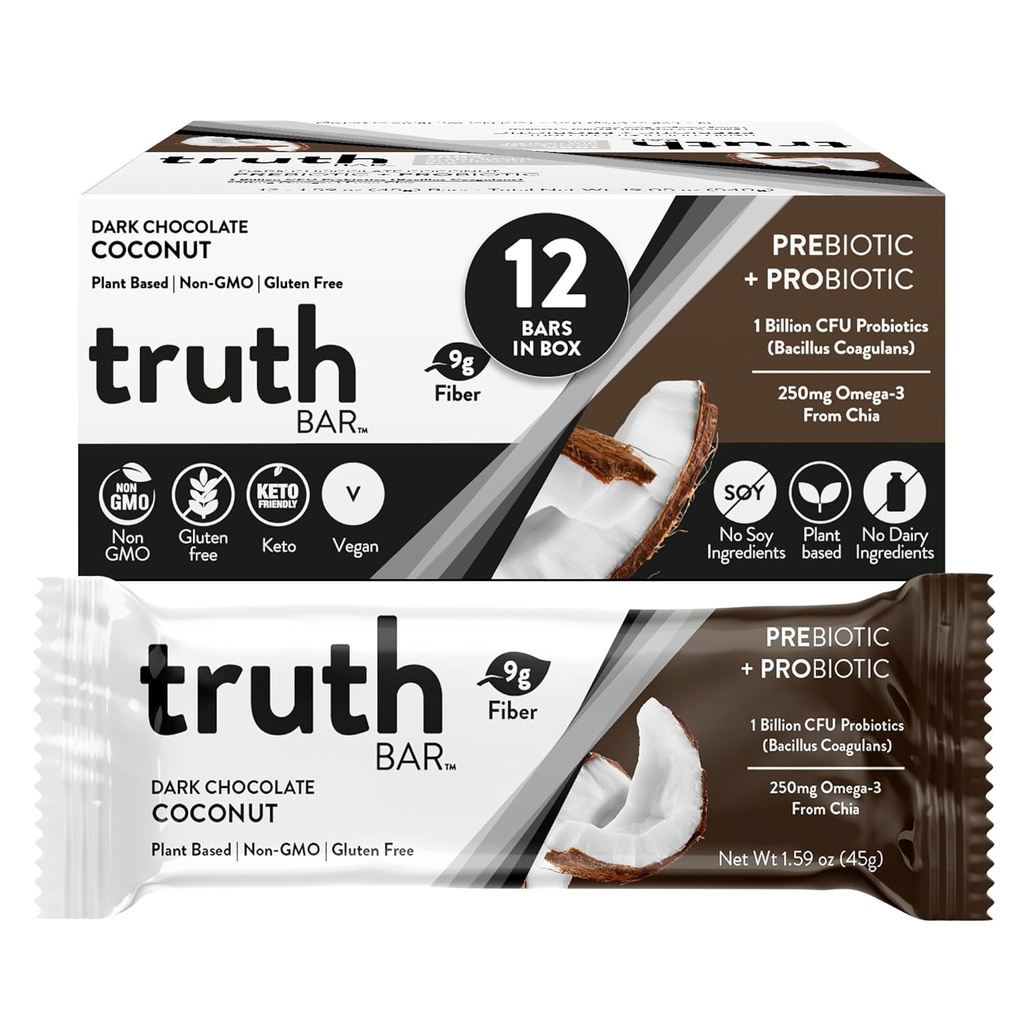 Truth Bar Snack santé, Omega 3 de Chia, base végétale, prébiotiques et probiotiques, haute fibre, faible sucre, Keto, Kosher, chocolat noir, végétalien, sans gluten, 12 Ct, 45g ea.