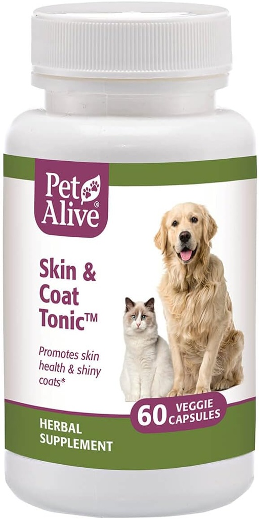 PetAlive Peau et Coat Tonic - Tous les suppléments naturels à base de plantes pour la santé de la peau de chat et de chien et Shiny, Glisse Coats - 60 Veggie Caps
