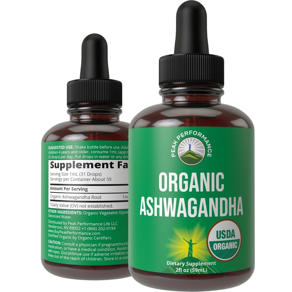 Ashwagandha gouttes liquides. Supplément végétal biologique USDA. Extra Strength Ashwagandha Root Extract pour femmes, hommes, enfants. avec Adaptogens. Zéro sucre, bio, sans gluten suppléments de teinture.