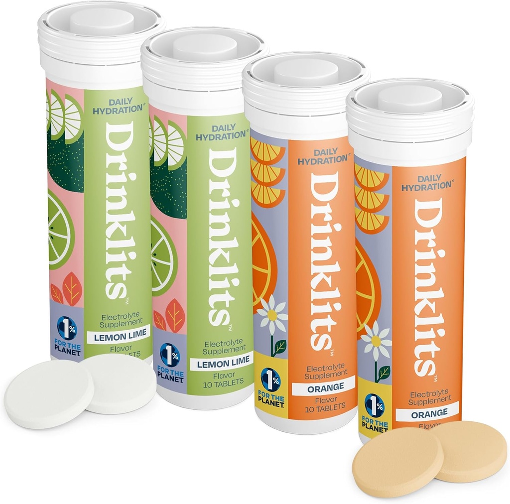 Drinklits Lemon-Lime & Orange Electrolyte Comprimés (4) Bundle de tube Installation d'agrumes Pack de combos – 0g Sucre – Usage quotidien – 40 portions - 10 comprimés par tube