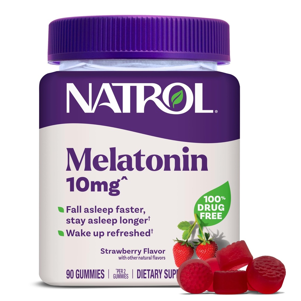Natrol 10 mg Mélatonine Gommies, Soutien du sommeil pour les adultes, Suppléments de mélatonine pour dormir, 90 Gommies aromatisées aux fraises, 45 jours d'approvisionnement