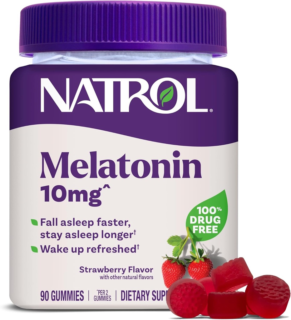 Natrol Melatonin Gummies, soutien du sommeil, 90 adultes aromatisés aux fraises, 10 mg d'aide au sommeil pour adultes