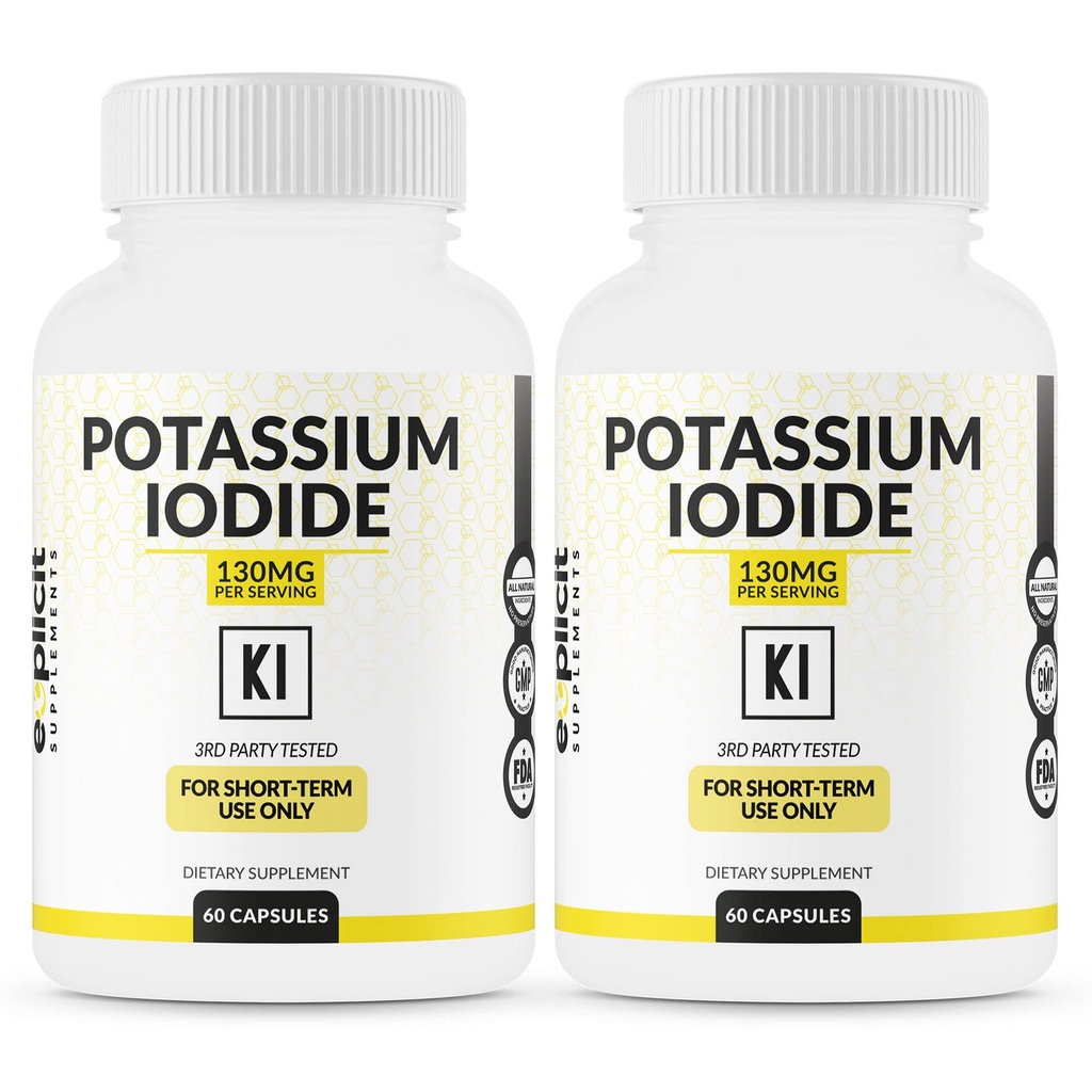 (2 Pack) Capsules d'iodure de potassium 130mg Dose - 60 portions - Support et défense de la thyroïde - KI Potassium Iodine Support de la thyroïde Vitamines