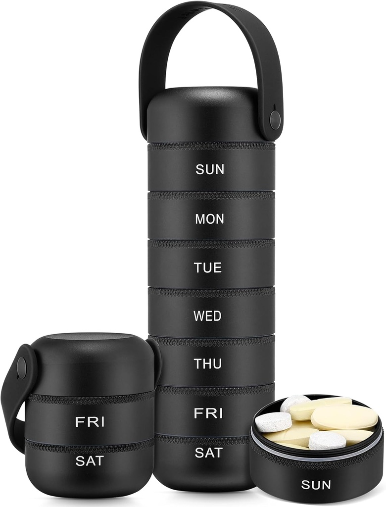 Zannaki Metal Weekly Pill Organizer, Grande Pill Box 7 Jour, Etanche Daily Pill Case avec poignée en silicone, Aluminium Portable Pill Holder Container pour Vitamine, Médecine, Supplément,Pills