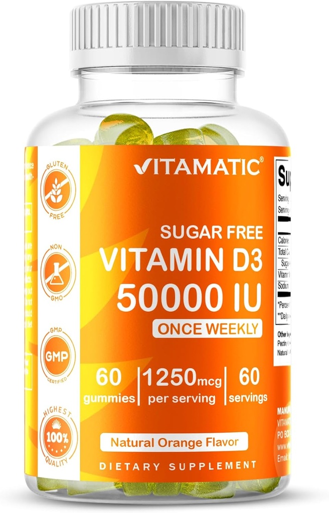 Vitamine sans sucre Vitamatique D3 Supplément hebdomadaire de 50 000 UI – 60 Gommies à base de pectine Vitamine D à haute capacité pour os, dents et immunosupport