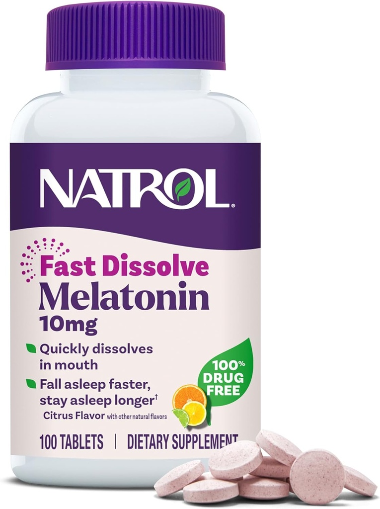Natrol rapide Dissolve Melatonin 10 mg, suppléments de mélatonine pour le sommeil reposant, soutien du sommeil pour les adultes, 100 comprimés aromatisés par agrumes, jusqu'à 100 jours d'approvisionnement