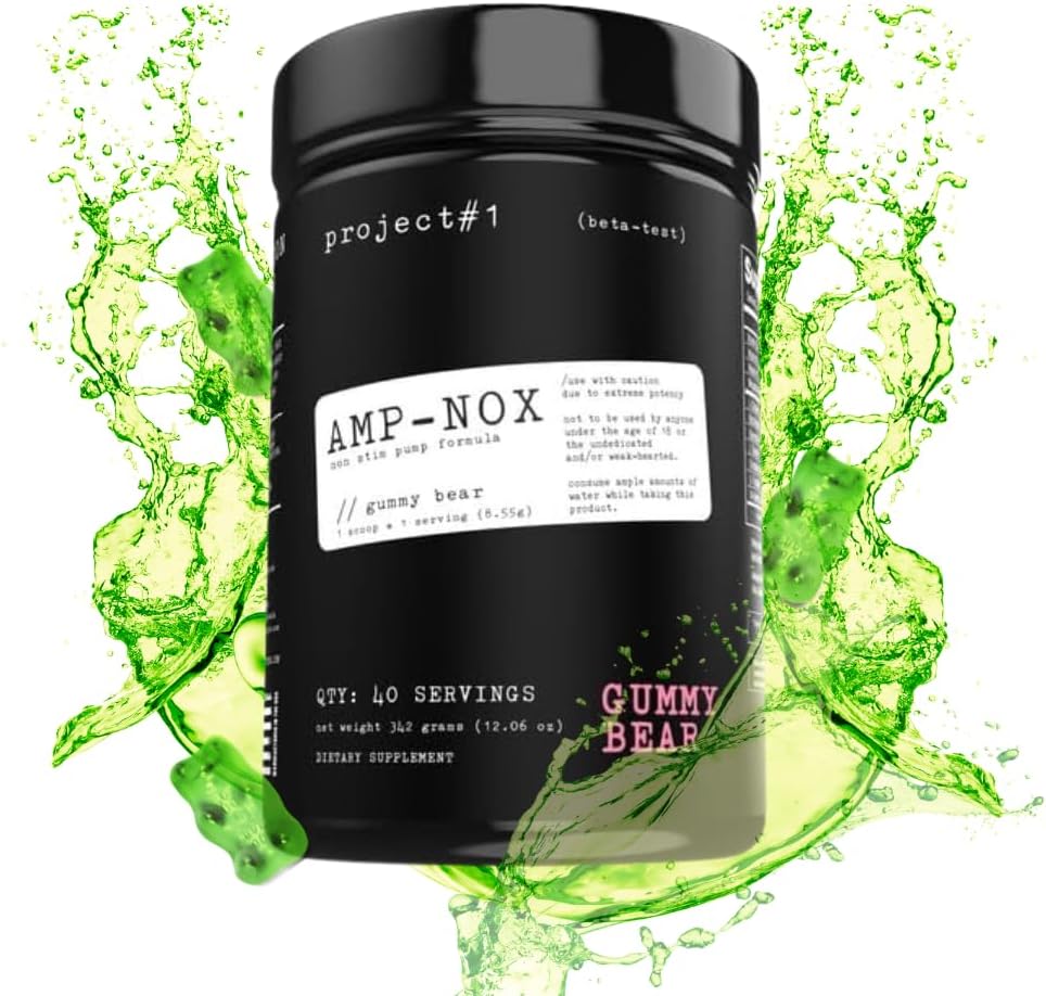 Project #1 AMP-NOX: Non-Stim Pre Workout Powder - Boost Focus, Pump, & Energy - Caffeine Free Protein Drink with Amino Acids for Men & Women - Gummy Bear Flavor - 40 Servings