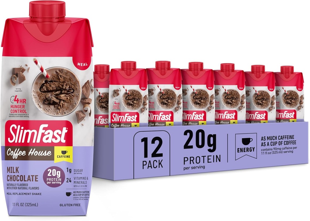 SlimFast Protein Shake, Nouveau chocolat au lait - 20g de protéines, substitut de repas Shake prêt à boire, haute protéine avec faible glucides et faible sucre, 24 vitamines et minéraux, 11 Fl Oz (paquet de 12)
