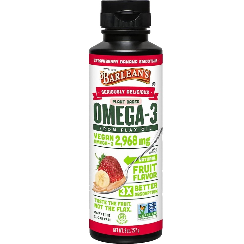 Barlean's Strawberry Banana L'huile de lin liquide, Omega végétalien 3 6 9 Suppléments pour enfants et adultes de l'huile de lin pressé froid avec 2 968 mg d'oméga végétalien, sans OGM et sans gluten, 8 oz