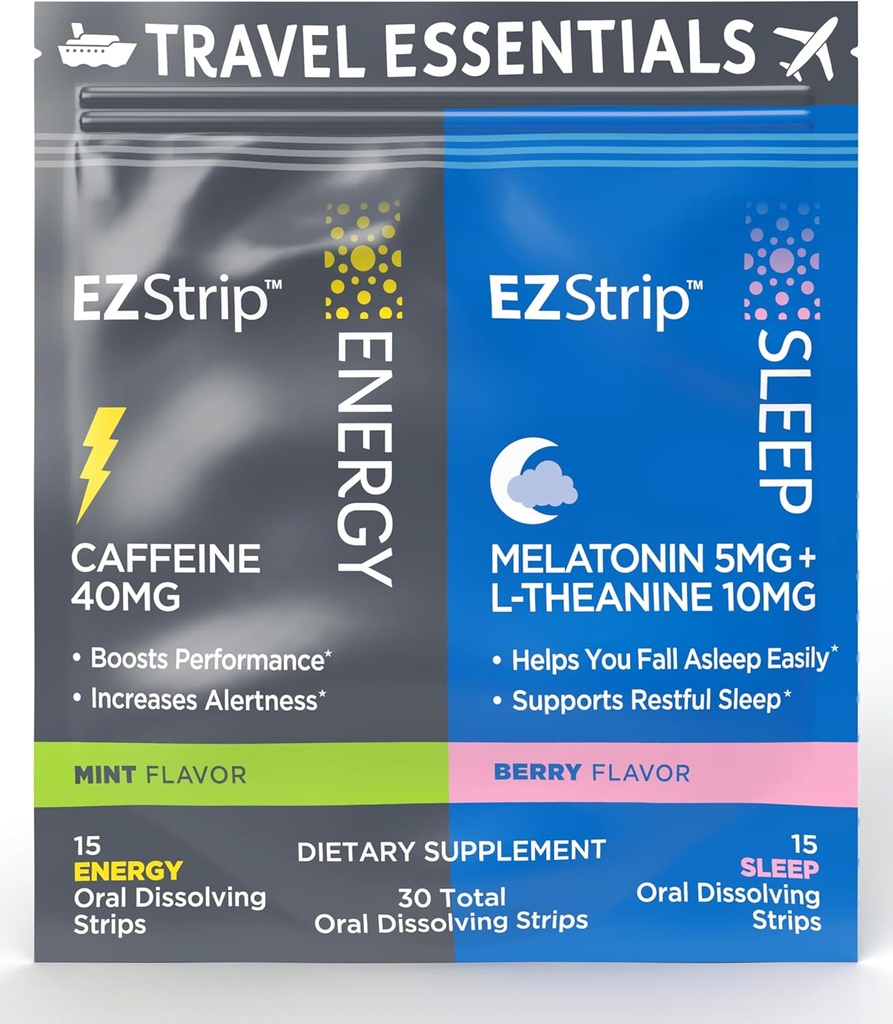 Pack de voyage avec suppléments d'énergie et de sommeil - 30 Compte - Pack portable avec bandes de caféine pour l'énergie et les bandes de mélatonine pour le sommeil pendant le voyage - Fabriqué aux États-Unis, sans sucre et sans gluten
