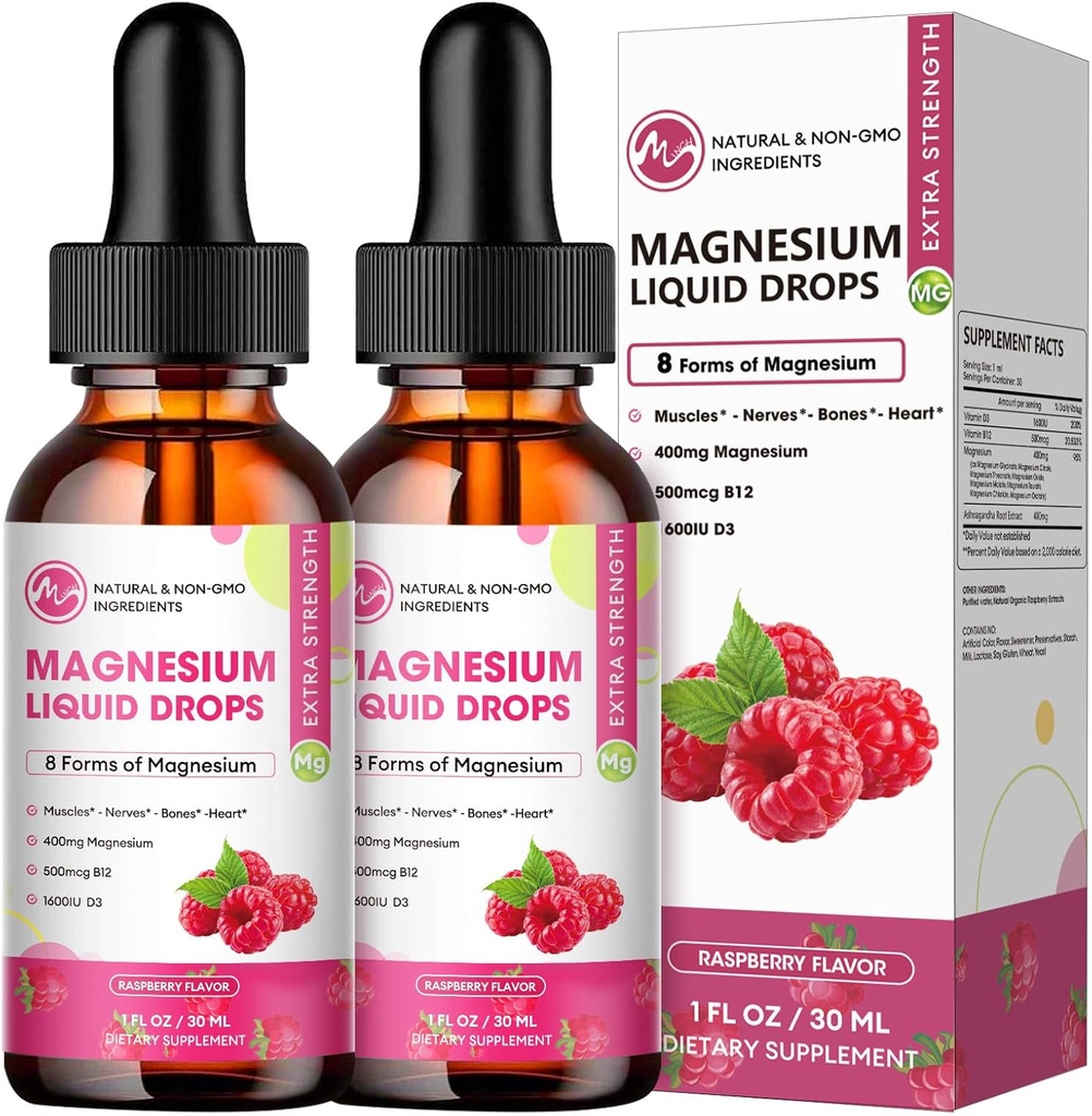 (2 Pack) Supplément complexe de magnésium avec glycinate de magnésium,Citrate, Malate,Taurate, 8-en-1 gouttes liquides complexes de magnésium pour cerveau, sommeil, nervure, muscle, os, crampes, cœur, non-OGM sans gluten