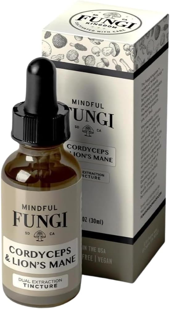 Fungi Lion La Mane Cordyceps Supplément de champignons, extrait liquide de la Mane de Lion végétalien, supplément de soutien du cerveau, énergie naturelle et support de l'endurance (1 Fl Oz)