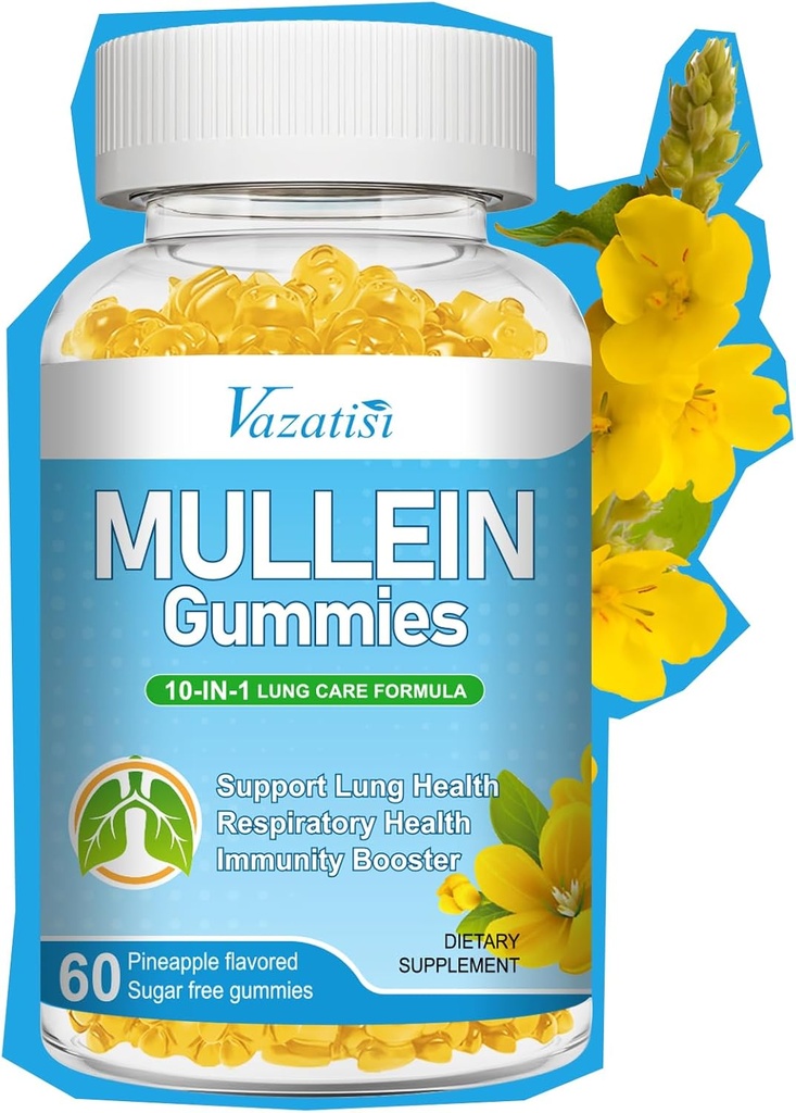 Gommies de 10 en 1 Mullein pour les poumons, Extrait de feuille Mullein avec Bromelain, Quercetin, Magnésium - Soutien Lung Cleanse pour la respiration saine, 60ct