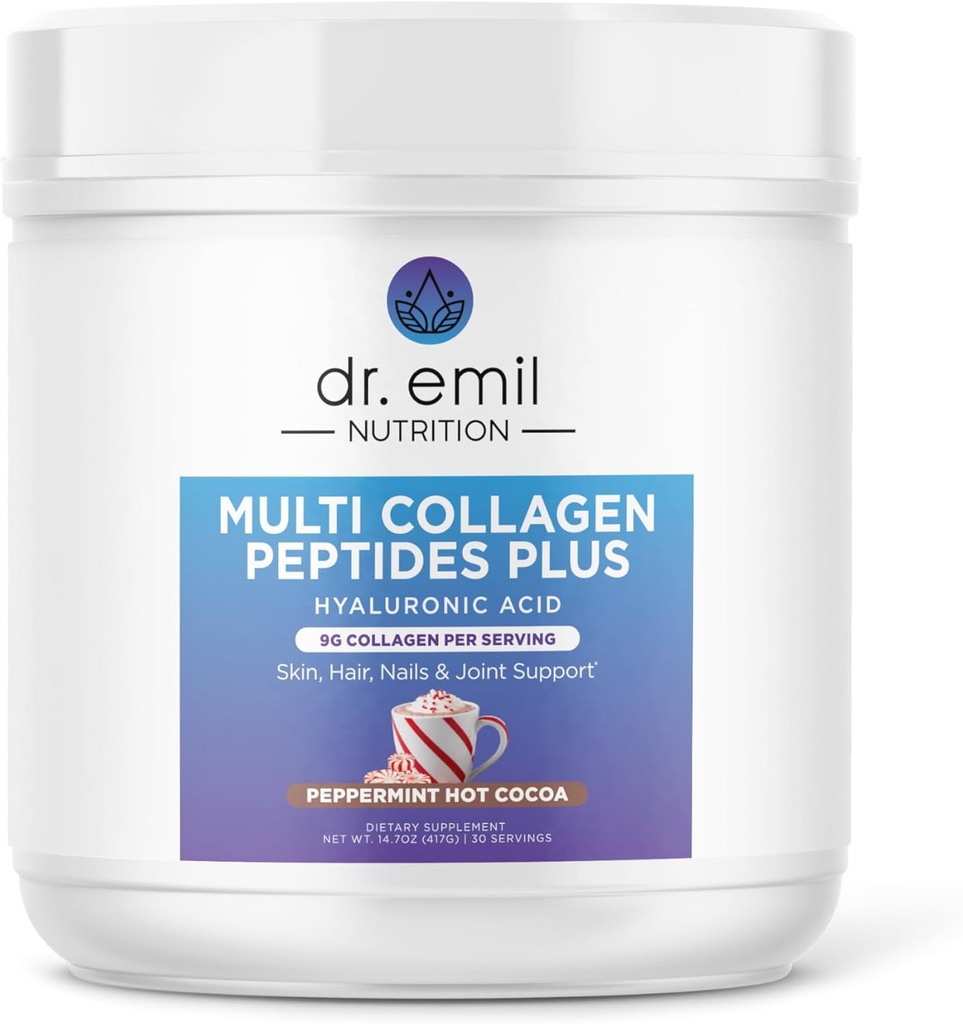Dr Emil Multi Collagen Peptides Plus à l'acide hyaluronique - Peppermint Hot Cocoa Flavor - 9g Collagen par service pour la peau, les cheveux, les ongles et le soutien articulaire