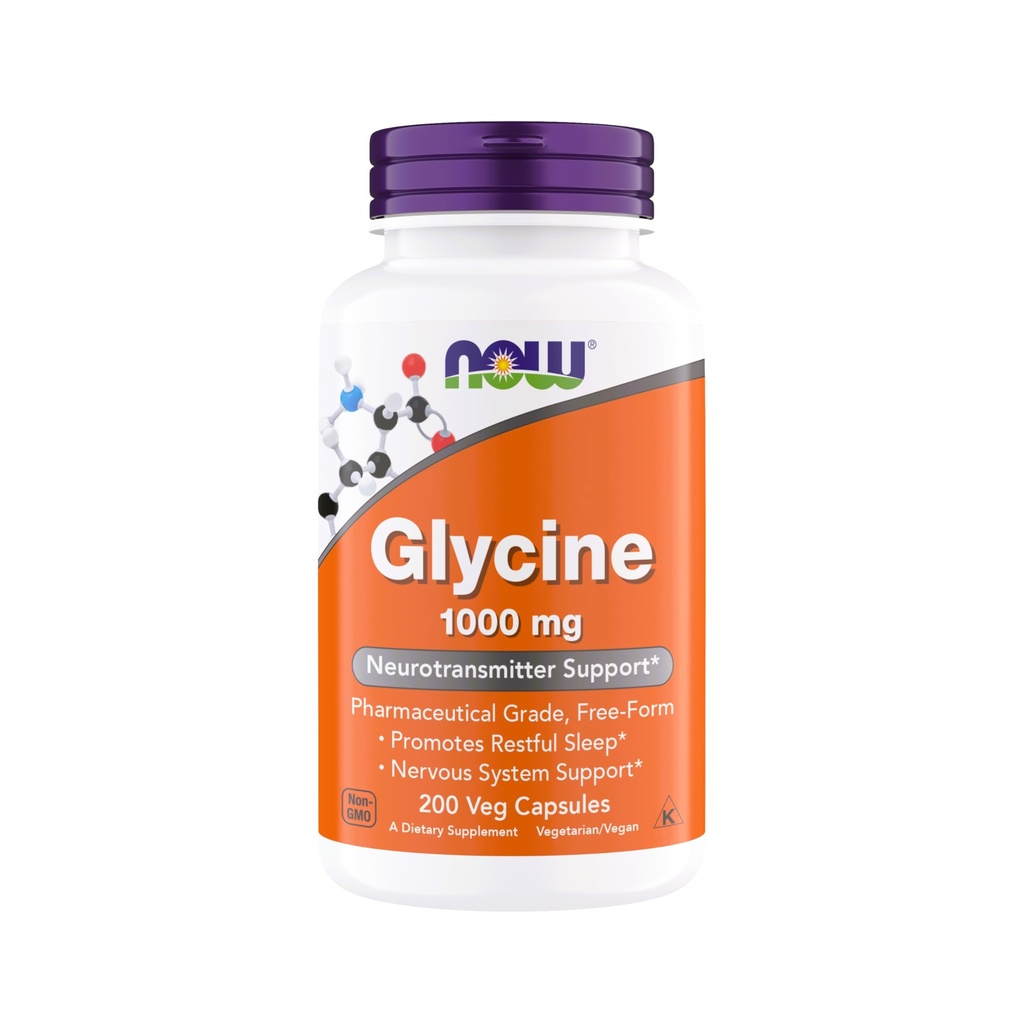 Maintenant Aliments Glycine 1000mg, grade pharmaceutique libre, soutien aux neurotransmetteurs*, favorise le sommeil reposant*, sans gluten, végétalien, kosher 200 capsules végétariennes (paquet de 1)