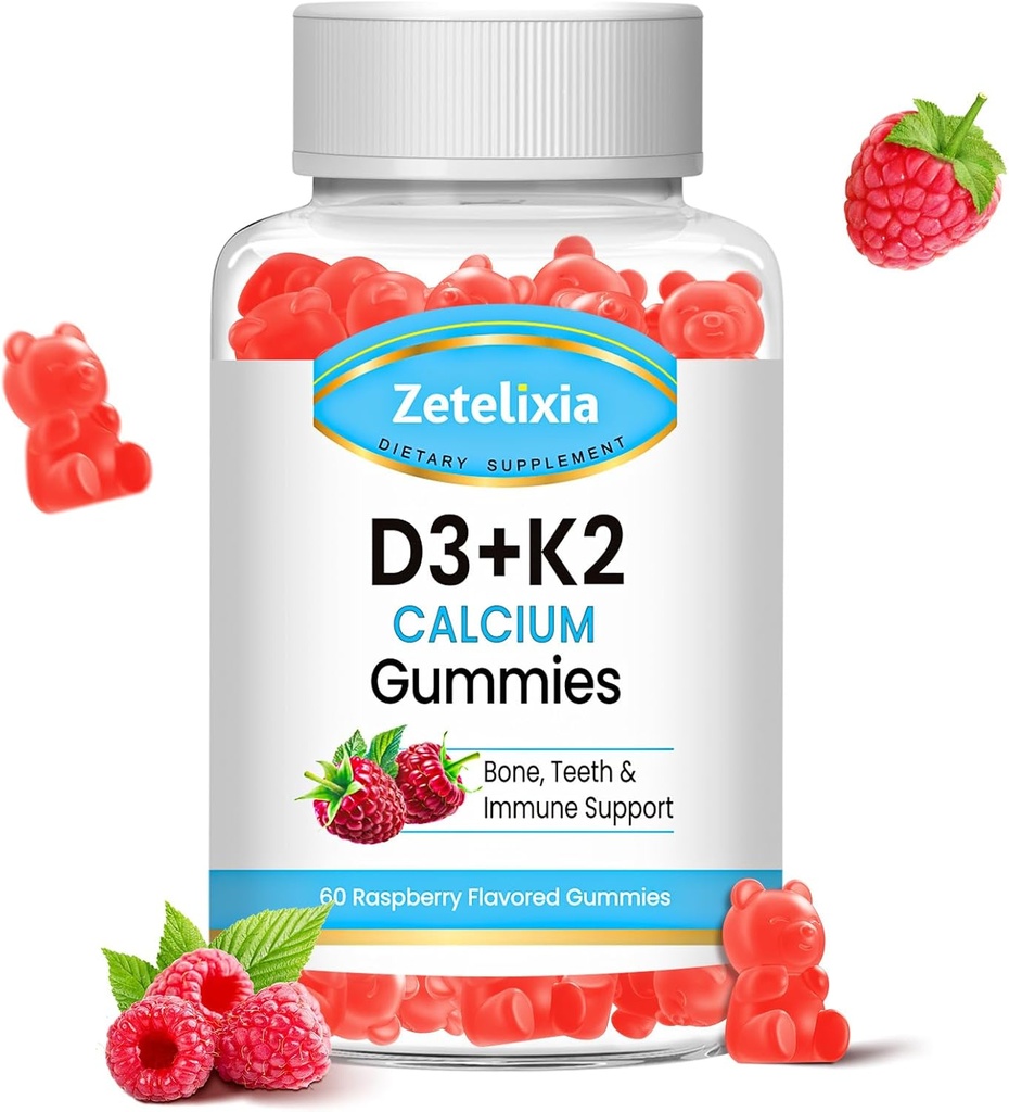 Sugar-Free Vitamin D3 K2 Gummies, Vitamin D3 2000 IU, K2 (MK7) 120mcg, Calcium 600 mg with Vitamin D3, Support B0ne & Immune Health, Vegan, Gluten Free, Raspberry Flavor, 60 Count