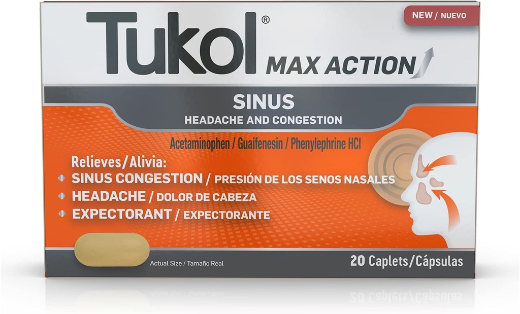 TUKOL Max Action Sinus, Caplets de congestion et de pression pour la douleur, soulagement des maux de tête, expectorant, non somnolence, 20 Compte