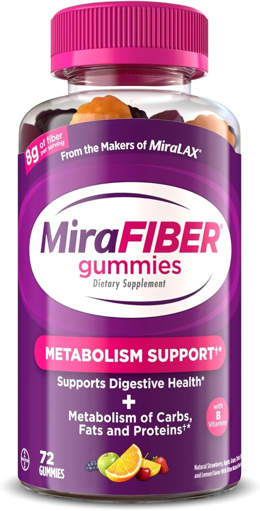 MiraFIBER Gommies des fabricants de MiraLAX, 8g de fibre quotidienne par service, soutien du métabolisme avec des vitamines B, santé de Gut pour les hommes et les femmes, Gommies de fibre prébiotique pour les adultes, saveur de fruits mélangés 72Ct