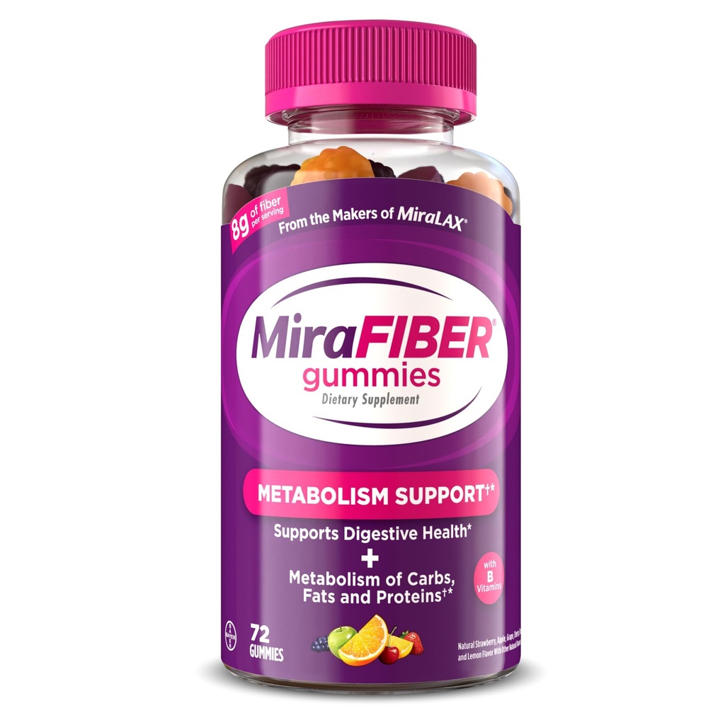 MiraFIBER Gommies des fabricants de MiraLAX, 8g de fibre quotidienne par service, soutien du métabolisme avec des vitamines B, santé de Gut pour les hommes et les femmes, Gommies de fibre prébiotique pour les adultes, saveur de fruits mélangés 72Ct