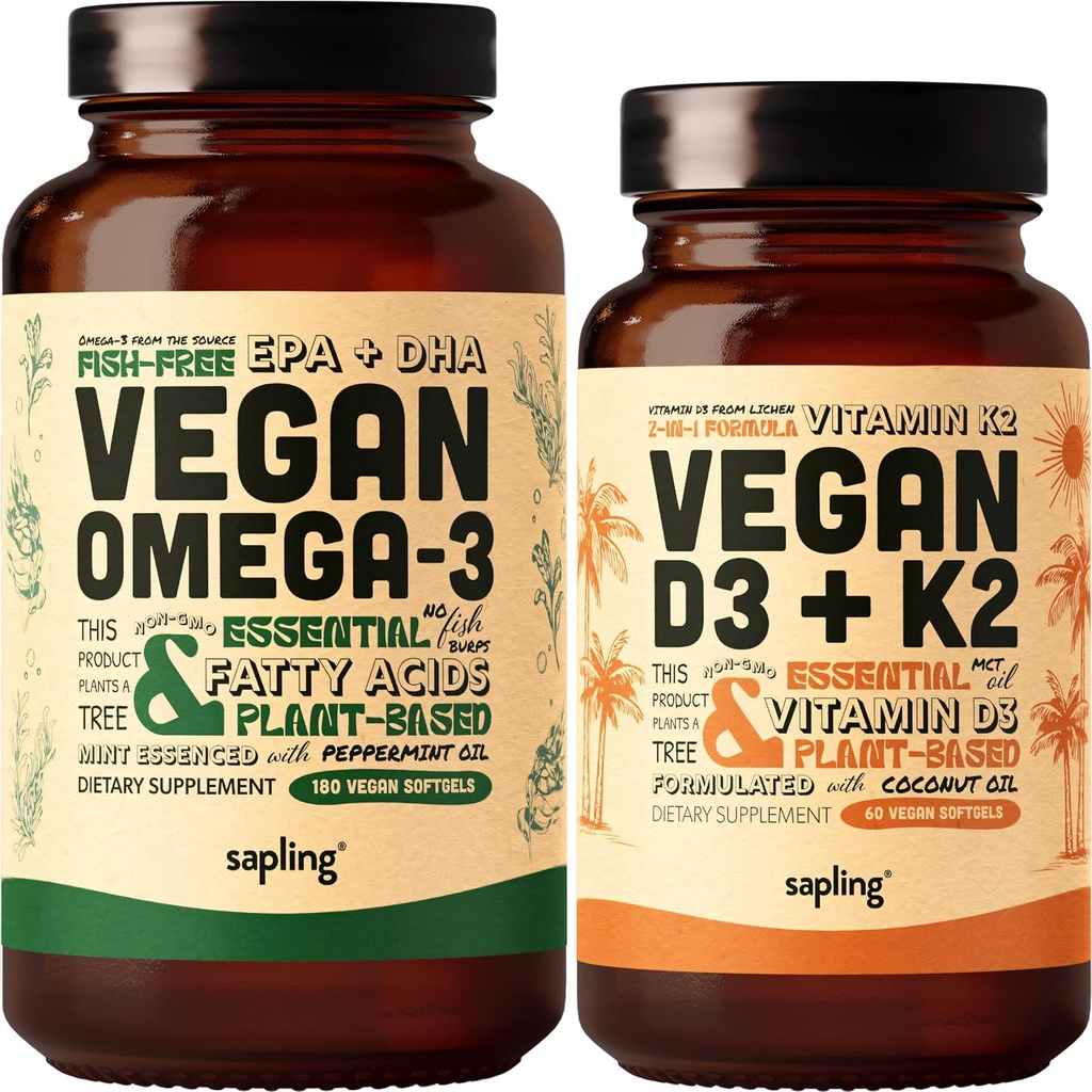 Omega végétalien 3 180 Softgels et Vitamine végétalienne D3 + K2 Supplément - Acide gras à base végétale DHA & EPA, 4000 UI Vitamine D3 et 100mcg Vitamine K2 comme Mk7 - Softgels Tapioca
