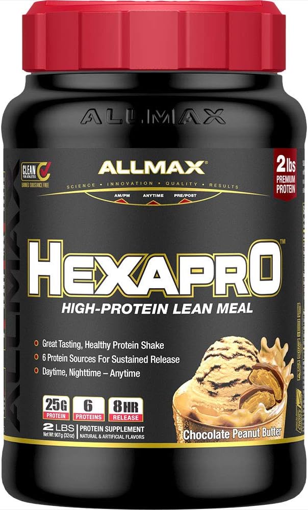 ALLMAX HEXAPRO, beurre d'arachide au chocolat - 2 lb - 25 grammes de protéines par portion - libération prolongée de 8 heures - Zéro sucre - 21 portions