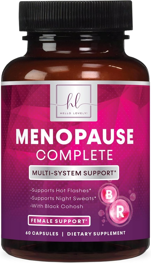 Suppléments de ménopause pour les femmes avec Cohosh Noir - naturel, flash chaud doux, sueurs nocturnes et soutien hormonal, Ménopause avec Dong Quai, énergie et équilibre, sans OGM et sans gluten - 60 capsules
