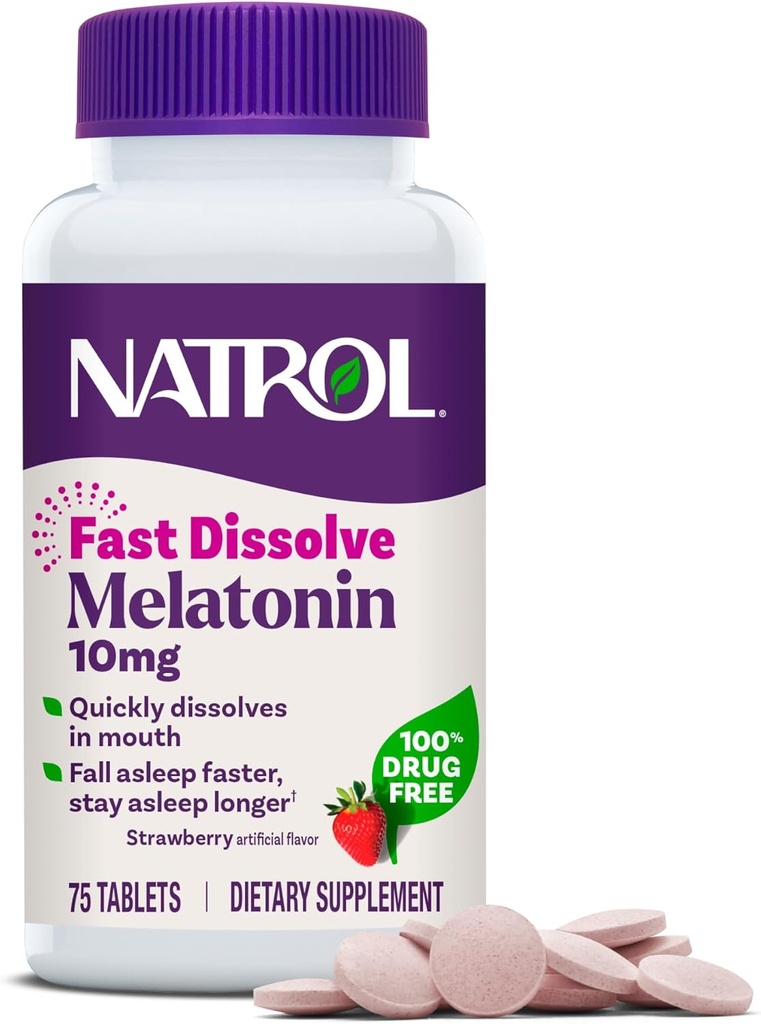 Natrol Dissolve rapide Mélatonine 10 mg, suppléments de mélatonine pour le sommeil reposant, soutien du sommeil pour les adultes, 75 comprimés aromatisés aux fraises, jusqu'à 75 jours d'approvisionnement