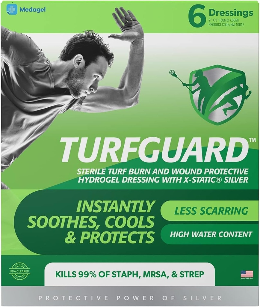 TURFGUARD Hydrogl Turf Burn Dressing with X-Static Silver – Refroidissement, FDA Cleared, Antimicrobial Protection, & Moist Healing Patch for Burns & Wounds, 2" x 3" Dressings, 6 Pack, by Medagel