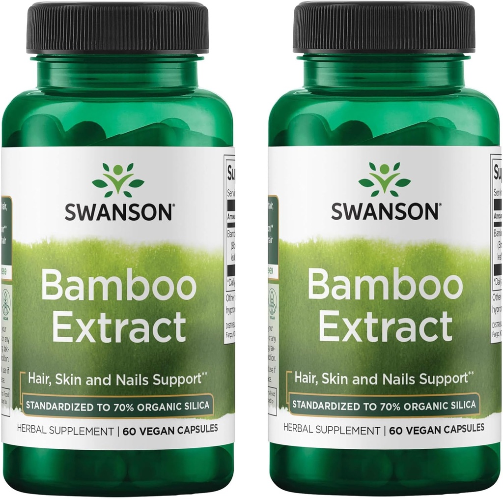 Extrait de bambou de Swanson - Supplément naturel de cheveux, de peau et de ongles - 70% de contenu de silice soutenant la formation de collagène et la croissance des os - (60 capsules de légumes, 300 mg chacune) (2 boîtes)