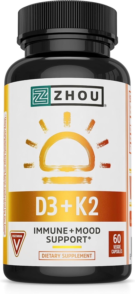 Zhou D3+K2 - Supplément Vitamine D3 K2 pour les femmes et les hommes, Suppléments Vit D3 et K2 de soutien immunitaire, formule végétarienne pure avec 5000 UI de D3 et MK-7 - 60 Capsules de légumes (paquet de 1)
