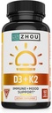 Zhou D3+K2 - Supplément Vitamine D3 K2 pour les femmes et les hommes, Suppléments Vit D3 et K2 de soutien immunitaire, formule végétarienne pure avec 5000 UI de D3 et MK-7 - 60 Capsules de légumes (paquet de 1)