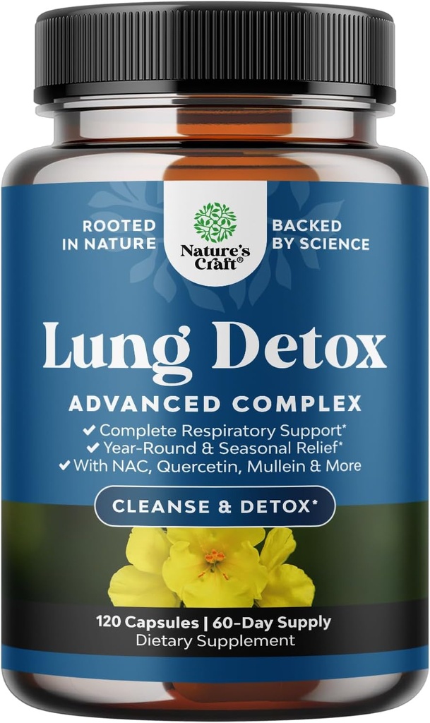 Lung Detox Mullein Leaf Capsules - Purifying Mullein Lung Cleanse Complex avec NAC Quercetin & Cordyceps Extraits - Supplément respiratoire à base de plantes foliaires pour l'immunité sinusale et le soutien respiratoire