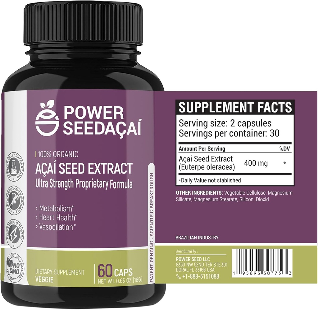 Power Seed Acai - Booster d'oxyde nitrique. Supporte le flux sanguin, les niveaux de sucre dans le sang, la fonction métabolique et l'énergie. Antioxydant super fort. Sans caféine. Formule brevetée 60 capsules