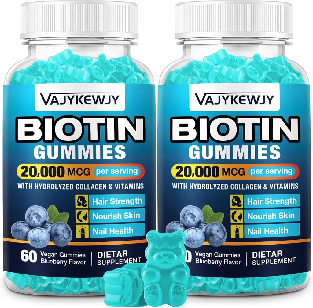 2 Pack Gommies Vegan Biotin pour cheveux, peau et ongles - 20 000 mcg par service, adapté aux femmes et aux hommes - 120 Gommies