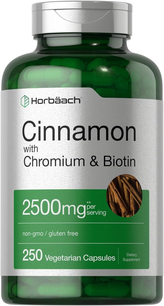 Horbäach Cinnamon avec Picolinate de chrome 2500mg.250 Capsules.Plus Biotin.Végétarien, Non-OGM, Sans gluten