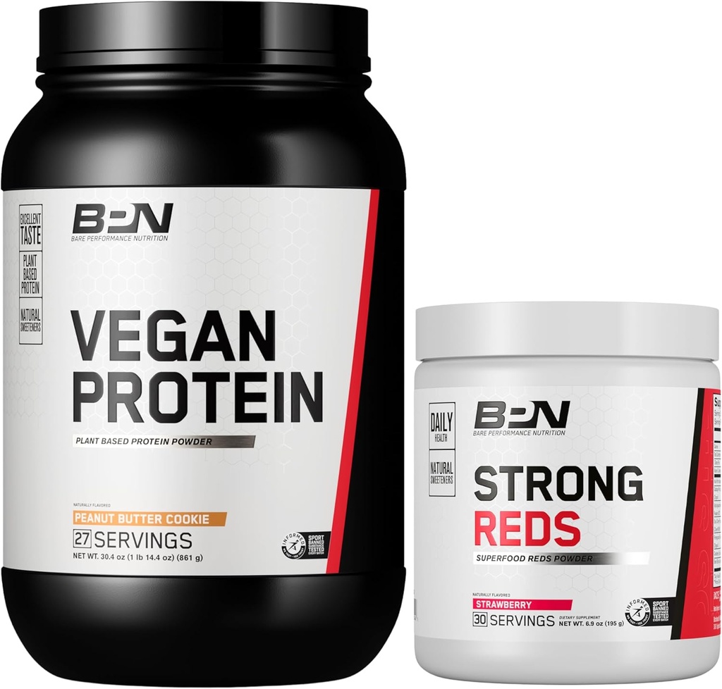 BARE PERFORMANCE NUTRITION BPN Vegan Peanut Butter Cookie Protein + Strong Reds Strawberry Bundle