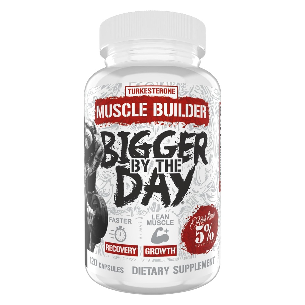 5 % Nutrition Riche Piana BiggerByTheDay="Anabolic Muscle Builder, Hardcore Mass Gainer=" Turkesterone, HICA, Epicatechin, Leucine="120 Capsules (30 portions)