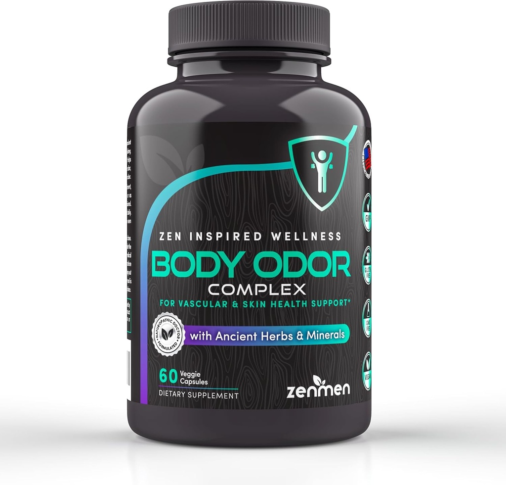 Supplément désodorisant naturel du corps Zenmen - Pilules éliminatrices de l'odeur du corps - Déodorant interne pour les sous-armes, les zones intimes et les parties privées - 60 Capsules Vegan. Fabriqué aux États-Unis