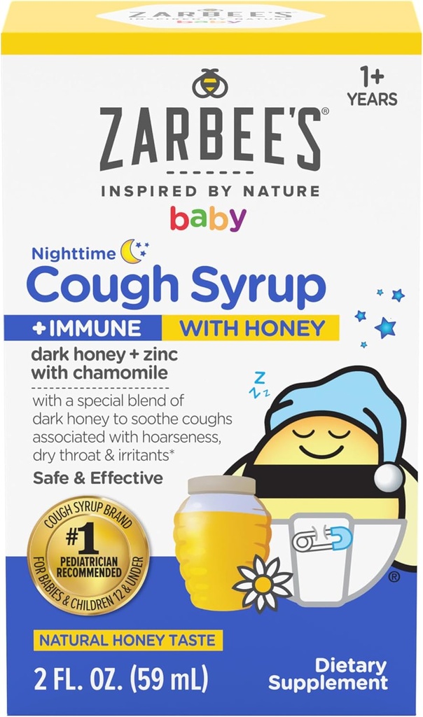 Syrup de nuit bébé de Zarbee + Immune, Syrup de toux bébé avec miel foncé + zinc et camomille, pour les tout-petits, sans médicaments ni arômes artificiels, goût naturel de miel, 2 fl. oz