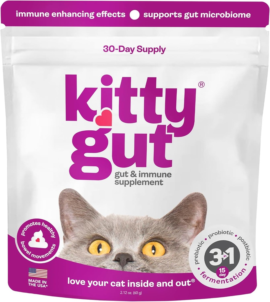 KittyGut 3-en-1 Probiotiques de chat biologique et supplément postbiotique Poudre-Fabriqués aux États-Unis-Probiotiques pour les chats de promouvoir la santé Gut et le soutien digestif de chat, la diarrhée et le vomissement (60g)