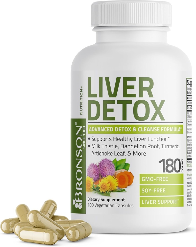 Bronson Liver Detox Advanced Detox & Cleansing Formula supporte la fonction hépatique de santé avec le chardon de lait, racine de dandelion, curcuma, feuille d'artichaut et plus, non-OGM, 180 capsules végétariennes