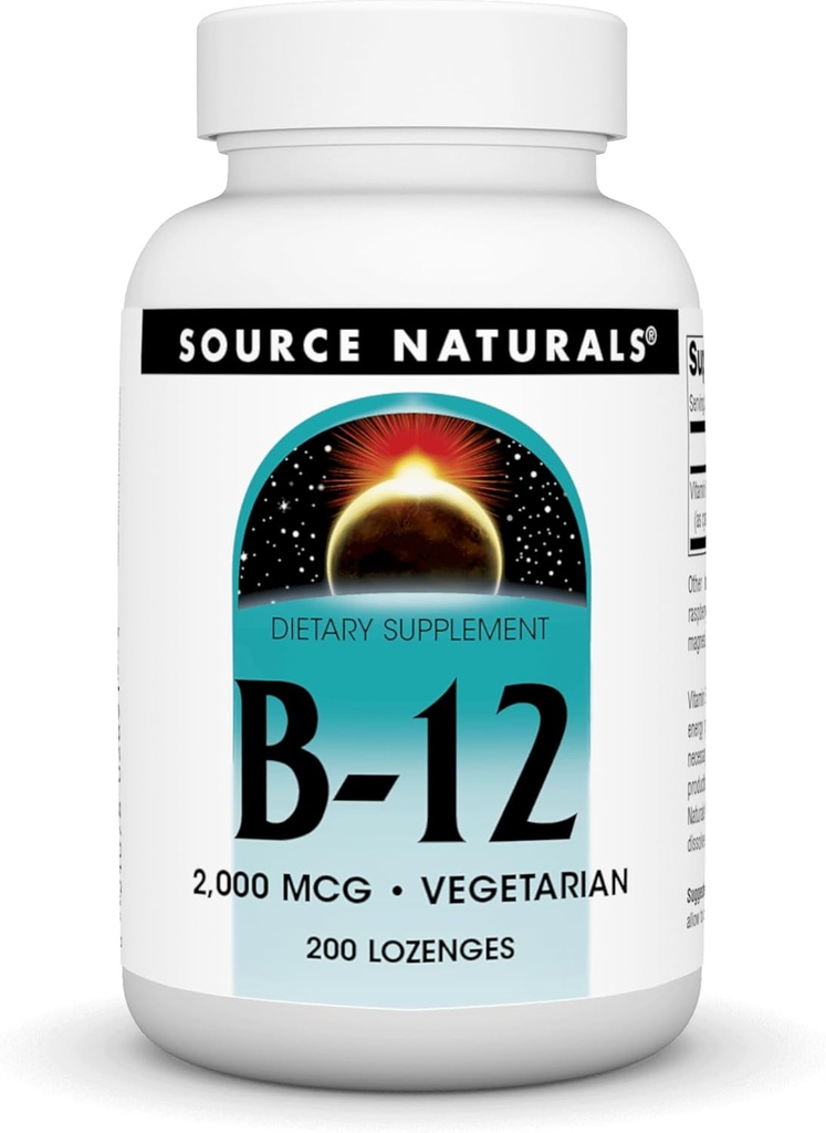 Source Naturals Vitamine B-12, soutient la production d'énergie, 2000 mcg - 200 Lozanges végétariennes