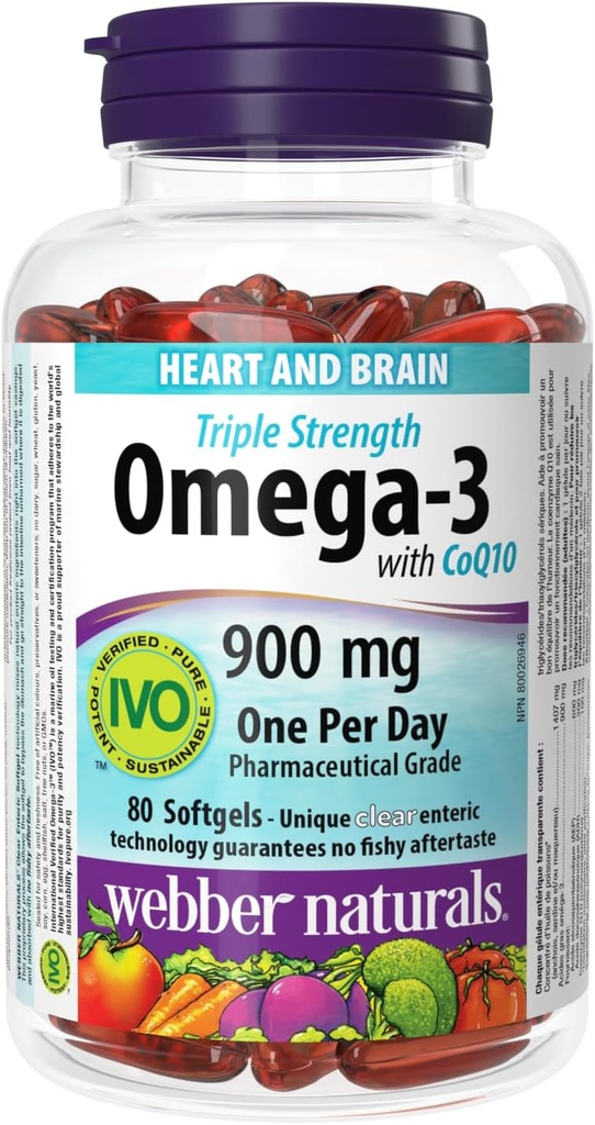 Webber Naturals Triple Strength Omega-3 avec CoQ10 enduit entérique 900 mg Omega-3 (EPA • DHA)/ 100 mg CoQ10, 80caps