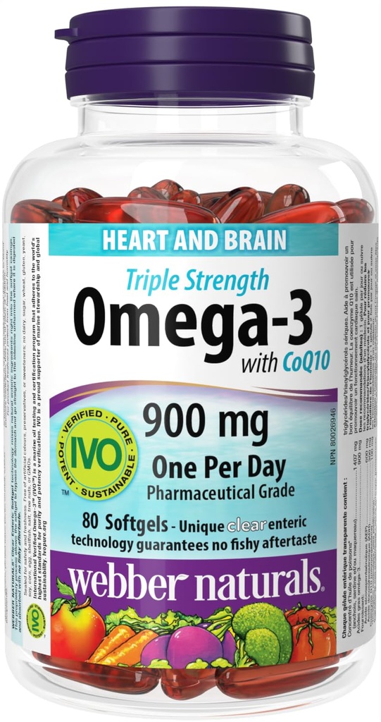 Webber Naturals Triple Strength Omega-3 avec CoQ10 enduit entérique 900 mg Omega-3 (EPA • DHA)/ 100 mg CoQ10, 80caps