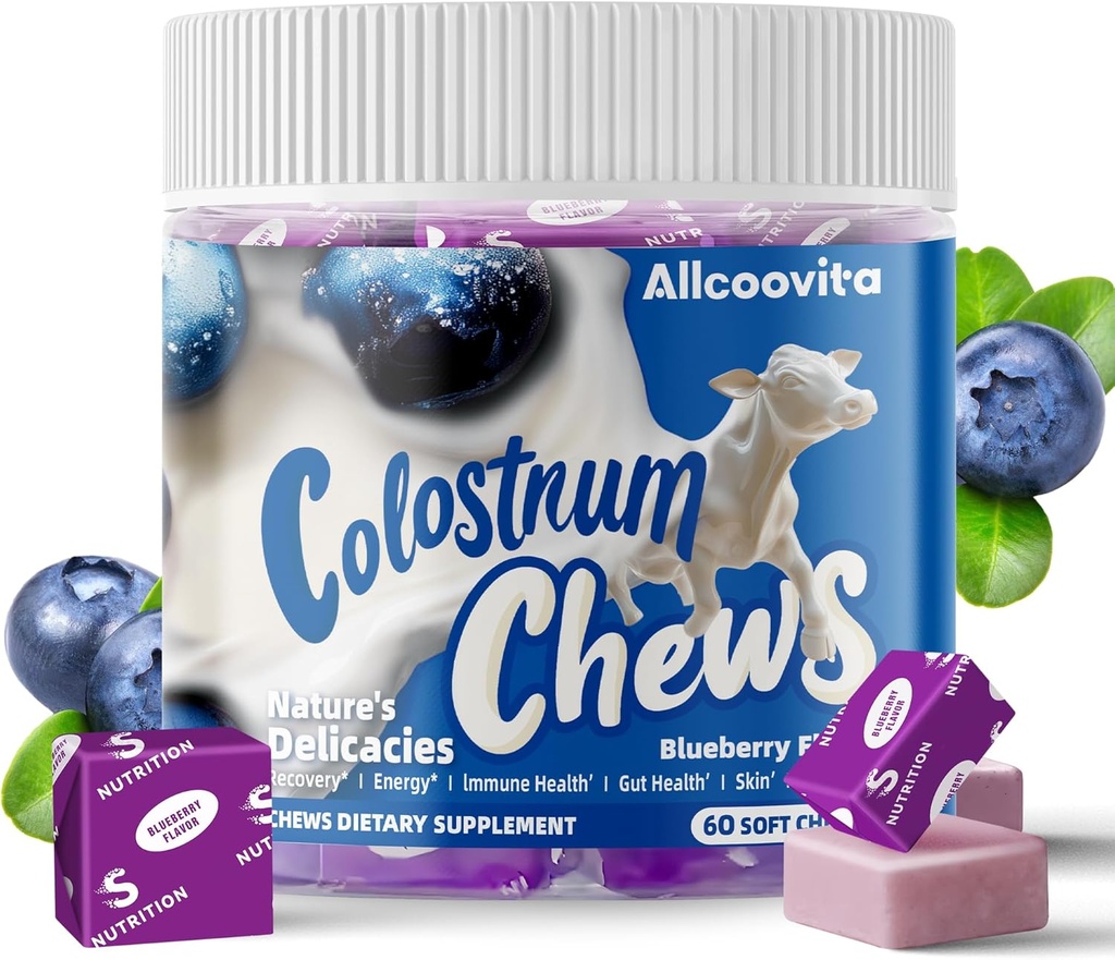 Bovine Colostrum Supplément à croustilles avec probiotiques pour la santé des Guts, Bloating, Immune Support, la peau, la croissance des cheveux et la beauté - Blueberry Flavor (60 portions)