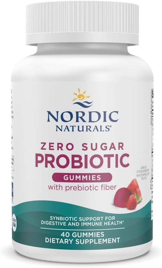 Nordic Naturals Zero Sugar Probiotic Gummies - Fraise Pastèque Saveur - 40 Gummies - Soutient le bien-être digestif et la santé immunitaire - Non-OGM - Testé par une tierce partie - Vegan - 20 portions