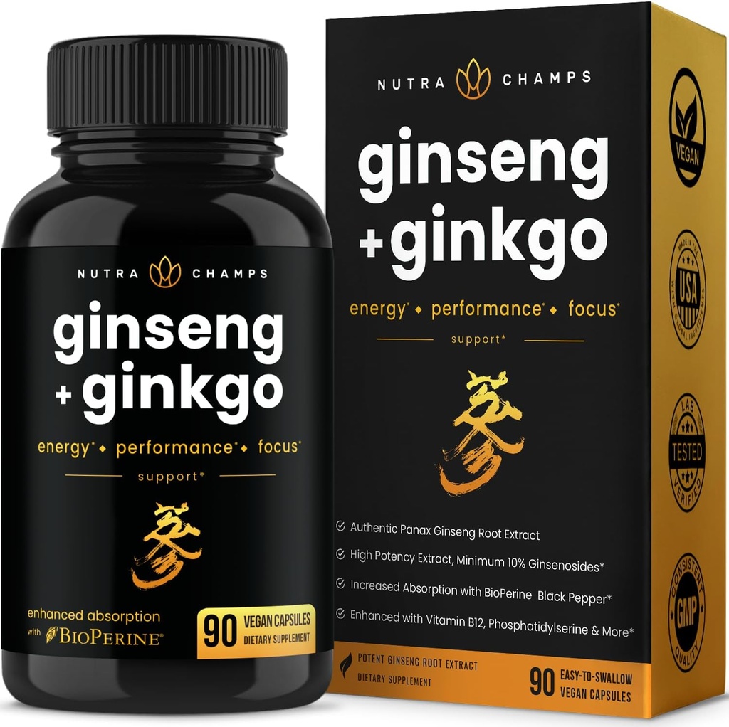 NutraChamps Capsules Ginseng Rouge Coréen Panax Combinaisons Ginsenosides Extra Streng pour l'énergie, le focus, la performance, la vitalité et le soutien immunitaire