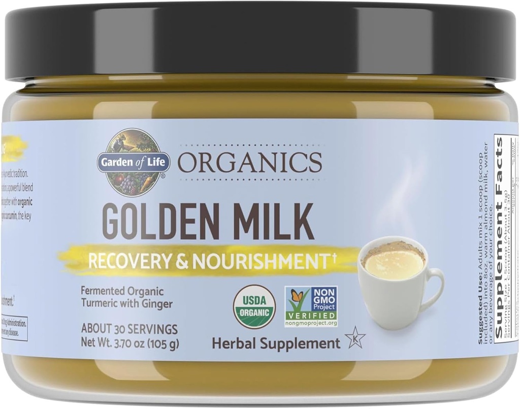 Garden of Life Organics Golden Milk Recovery & Nourishment Poudre - 44mg Curcumine curcuma (95 % Curcuminoides), Ashwagandha - Organic Non-OGM Vegan & sans gluten suppléments à base de plantes, 30 portions